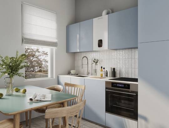 Vue d'ensemble d'une cuisine, avec installation d'une chaudière gaz condensation